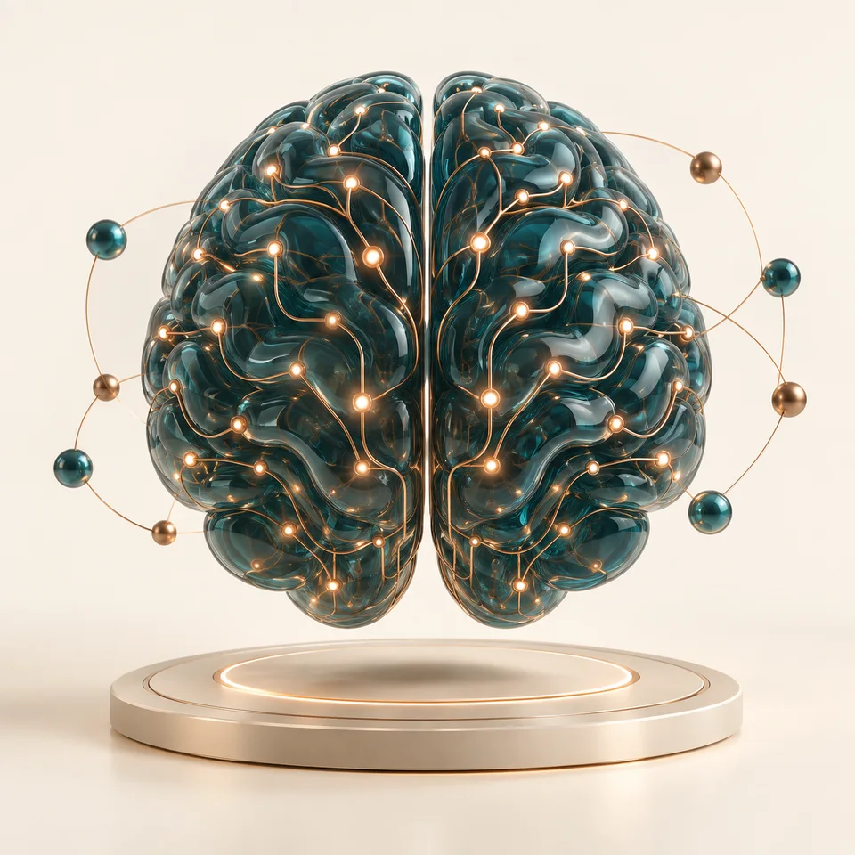 Cerebro de cristal verde petróleo con circuitos y conexiones de cobre que representa una inteligencia artificial